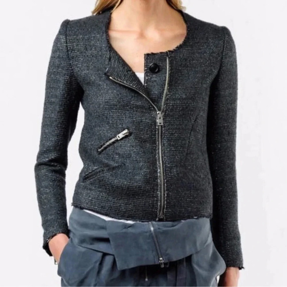 IRO Julienne zip jacket metallic tweed boucle dark gray black wool blend Size 0 - Picture 1 of 9